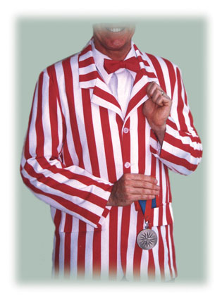 red and white striped barbershopper boater jacket